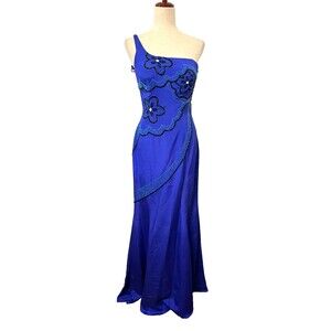 Vtg MIKE BENET FORMALS Sz 8 100% Silk Long Gown Dress Blue Floral Beaded Prom